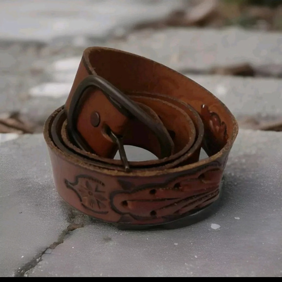 TexTan Vintage Tooled Leather 36 inch mems belt & buckle Cognac brown - Picture 1 of 10